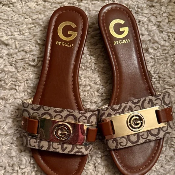 Guess Tan and Gold Logo Slide Sandals - Picture 2 of 3